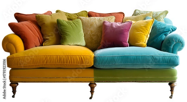 Obraz Colorful plush sofa filled with an abundance of assorted decorative pillows.