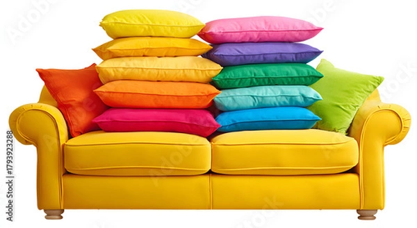 Obraz Bright yellow couch stacked with colorful decorative pillows creates a cozy look.