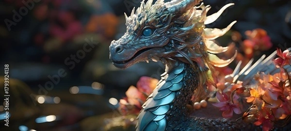 Fototapeta A lake dragon , a small creature made of glass that is sitting in the palm of your hand,generative AI