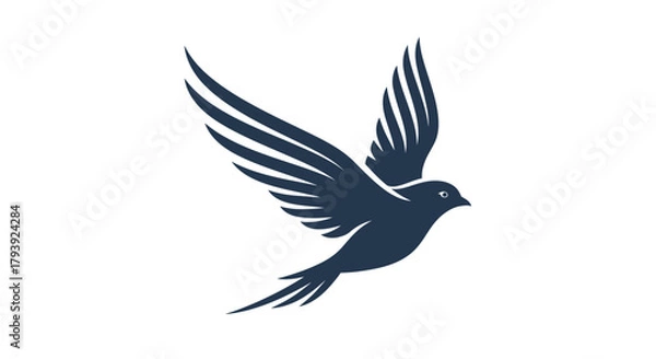 Obraz A stylized dark blue silhouette of a bird in mid-flight, with its wings spread wide against a plain white background, conveying a sense of freedom and movement.