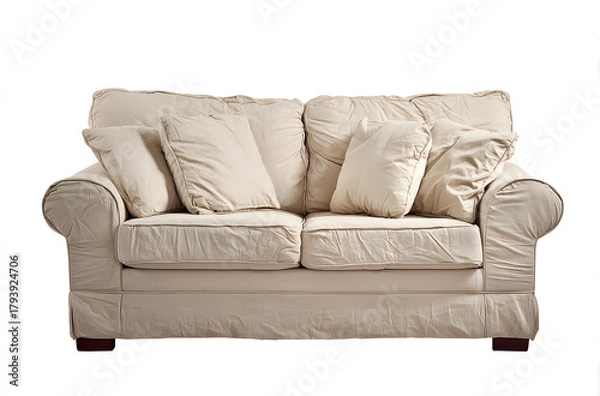 Fototapeta A comfortable beige sofa with multiple plush pillows is shown against a white background.