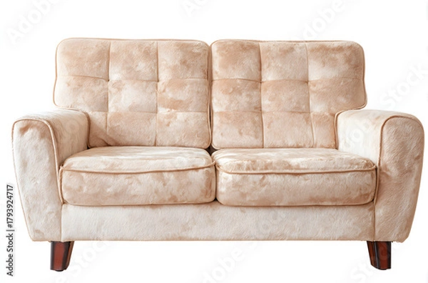 Fototapeta Beige tufted loveseat with cushioned seats and arms rests on dark legs.