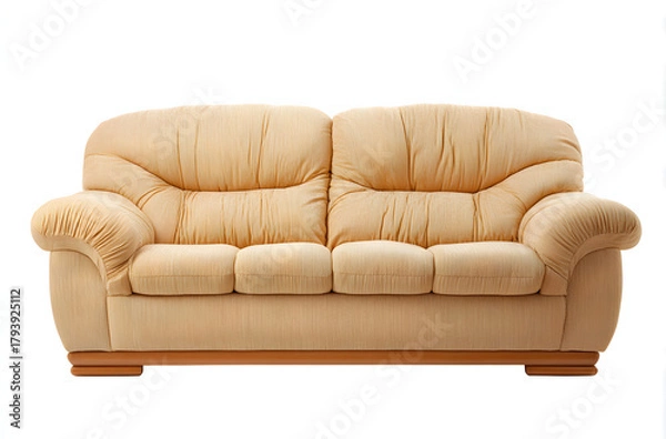 Fototapeta Plush beige three-seater sofa with rolled arms and wooden base.
