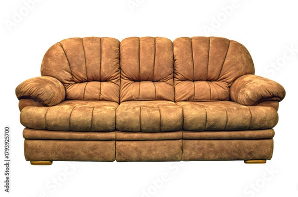 Fototapeta Plush brown sofa with three cushions and padded arms.