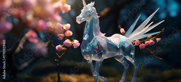 Fototapeta A unicorn , a small creature made of glass that is sitting in the palm of your hand