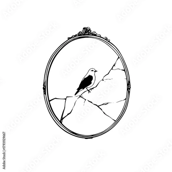 Obraz Bird in broken mirror illustration vintage frame sketch drawing black and white art design vector image