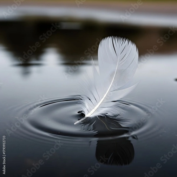 Fototapeta A delicate white feather floating gently on the surface of calm water, creating ripples and reflections in a peaceful and serene setting