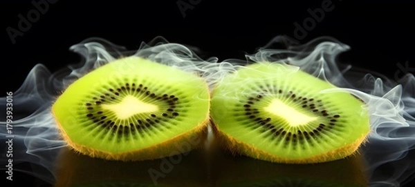 Fototapeta a light kiwi slice , coming out of the smoke,generative AI