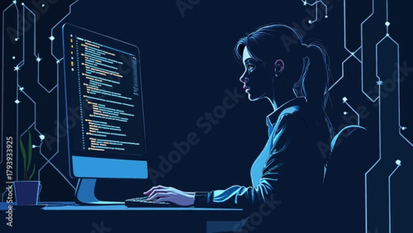 Fototapeta Female Programmer Coding in Dark Mode Vector Illustration
