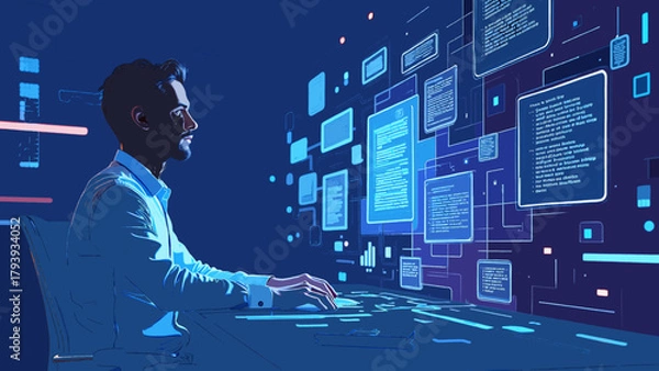 Fototapeta Futuristic Programmer with Hologram Interface Vector Illustration