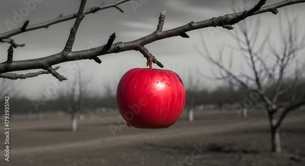 Fototapeta A vibrant red hanging from a leafless tree branch in an orchard during overcast weather, showcasing natural agricultural scenery and seasonal change