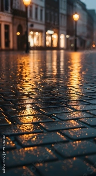 Fototapeta A close-up view of a wet cobblestone street illuminated by warm streetlights during a rainy evening in an urban setting