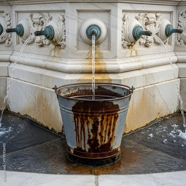 Fototapeta A vintage water fountain with a rusted metal bucket placed underneath to catch dripping water, set against an ornate stone wall with multiple water spouts