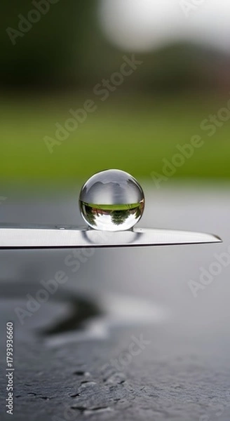 Fototapeta A close-up of a reflective glass marble resting on a smooth surface with a blurred natural background, showcasing clarity and symmetry in a serene outdoor setting