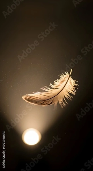 Fototapeta A delicate feather floating gently in the air with a soft light source illuminating it from below against a dark background