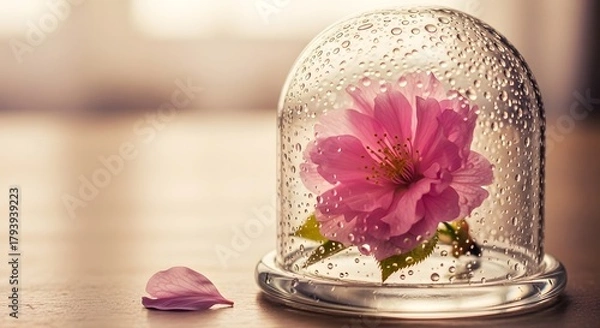 Fototapeta A delicate pink flower encased under a glass dome with water droplets, creating an elegant and artistic display of nature preserved in glass