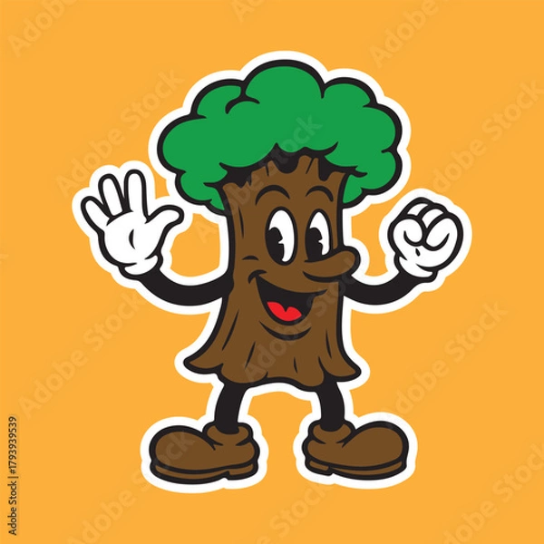 Fototapeta Cheerful tree character waving hello, perfect for nature and environmental campaigns, bringing a fun and friendly vibe to educational content