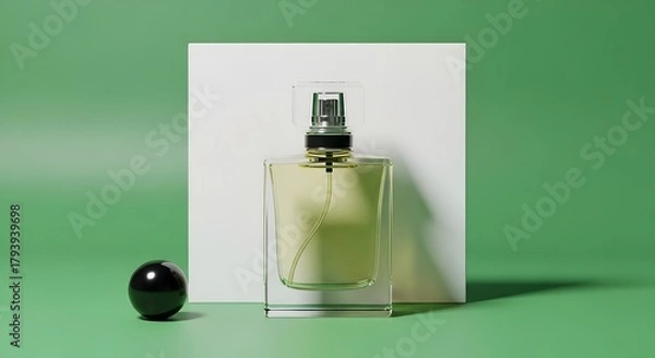 Fototapeta A minimalist composition featuring a perfume bottle with a spray nozzle, a black spherical object, and a white rectangular backdrop on a vibrant green surface