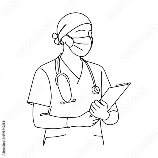 Fototapeta Dedicated healthcare worker in mask holding patient chart, providing essential medical care and support during challenging times, line art