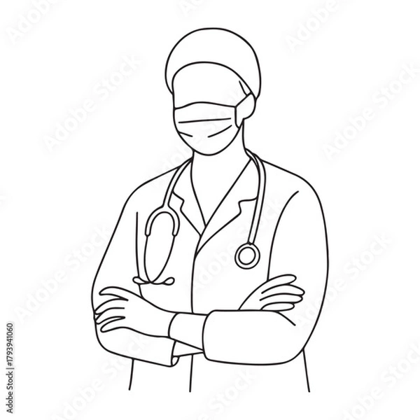 Fototapeta Dedicated healthcare worker standing with arms crossed, wearing mask and stethoscope offering reassurance and professional medical expertise in a simple line art