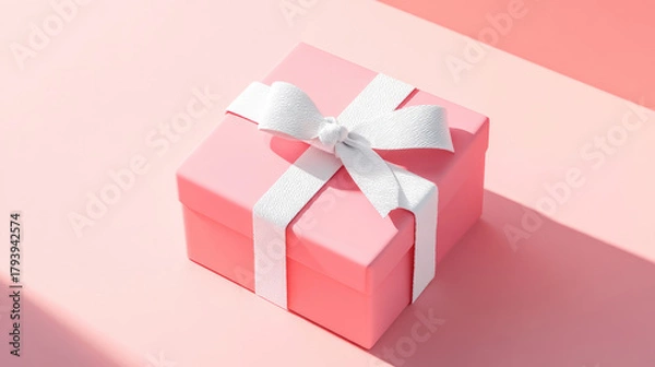 Fototapeta Minimal pink pastel color gift box or present with white rope ribbon bow isolated on light pink background with shadow minimalist conceptual 3D rendering