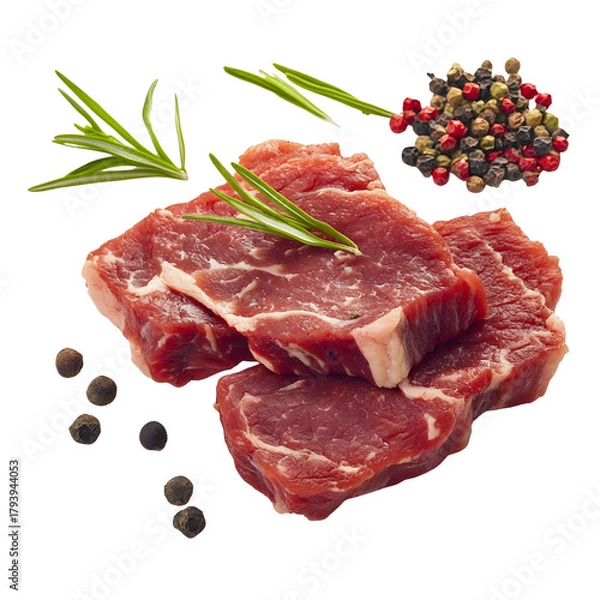 Fototapeta Mixed raw red meat selection beef, pork, lamb with spices and herbs transparent PNG