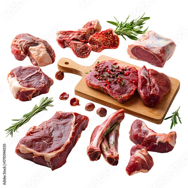 Fototapeta Mixed raw red meat selection beef, pork, lamb with spices and herbs transparent PNG