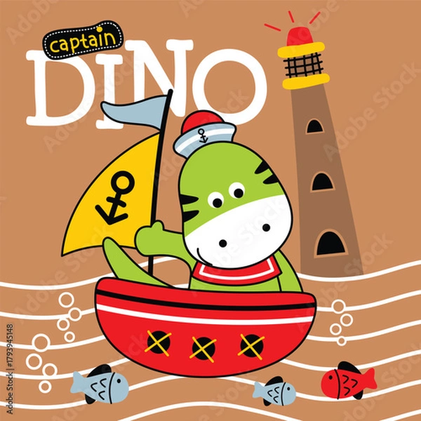 Fototapeta Cute dinosaur captain sailing red boat near lighthouse illustration