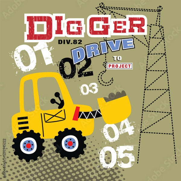 Fototapeta Yellow digger construction vehicle working on project illustration