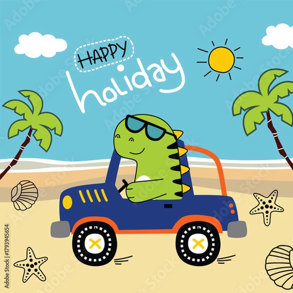 Fototapeta Happy dinosaur driving car on tropical summer holiday beach illustration