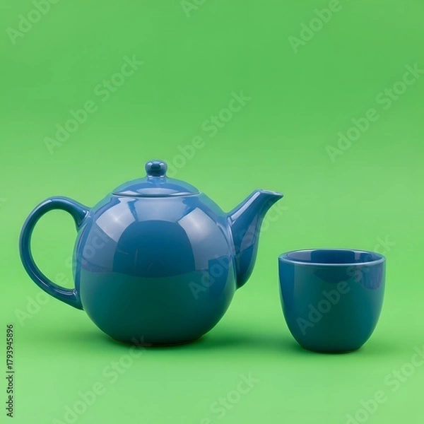Fototapeta A simple, modern blue teapot and matching cup set placed on a vibrant green background for a clean and minimalist aesthetic