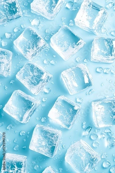 Fototapeta Abstract light blue background with realistic ice cubes arranged in a seamless pattern on a bright surface Ai generative Ai generative