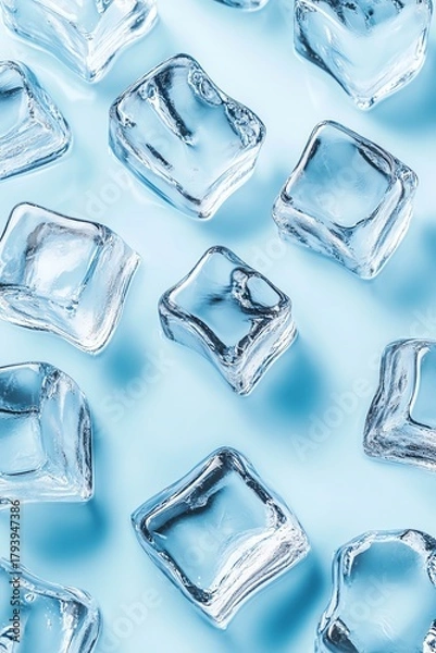 Fototapeta Abstract light blue background with realistic ice cubes arranged in a seamless pattern on a bright surface Ai generative Ai generative