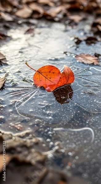 Fototapeta Close-up of a vibrant orange leaf resting on a partially frozen surface surrounded by fallen leaves in a natural outdoor setting during autumn