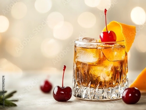 Fototapeta Classic cocktail with ice cube, orange peel and cherry in glass on clean light background with copy space for banner or poster design template