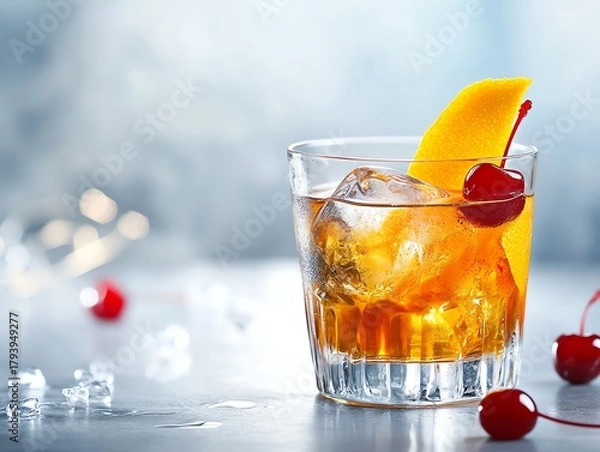 Fototapeta Classic cocktail with ice cube, orange peel and cherry in glass on clean light background with copy space for banner or poster design template