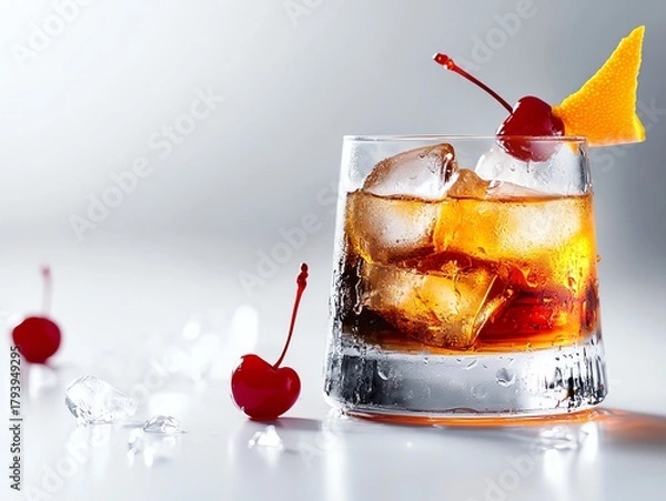 Fototapeta Classic cocktail with ice cube, orange peel and cherry in glass on clean light background with copy space for banner or poster design template