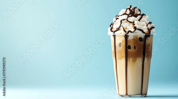 Obraz Creamy iced coffee topped with whipped cream and chocolate syrup on a soft blue background in bright light Refreshing beverage concept Ai generative
