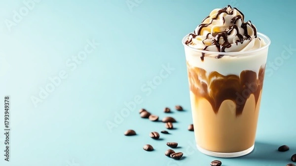 Fototapeta Creamy iced coffee topped with whipped cream and chocolate syrup on a soft blue background in bright light Refreshing beverage concept Ai generative