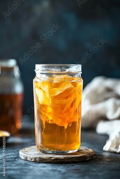 Fototapeta Fermented kombucha tea with floating SCOBY in clear glass on a bright background, showcasing probiotic culture in creative beverage concept Ai generative