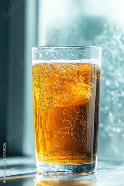 Fototapeta Fermented kombucha tea with floating SCOBY in clear glass on a bright background, showcasing probiotic culture in creative beverage concept Ai generative