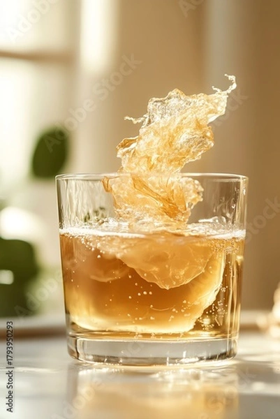 Obraz Fermented kombucha tea with floating SCOBY in clear glass on a bright background, showcasing probiotic culture in creative beverage concept Ai generative