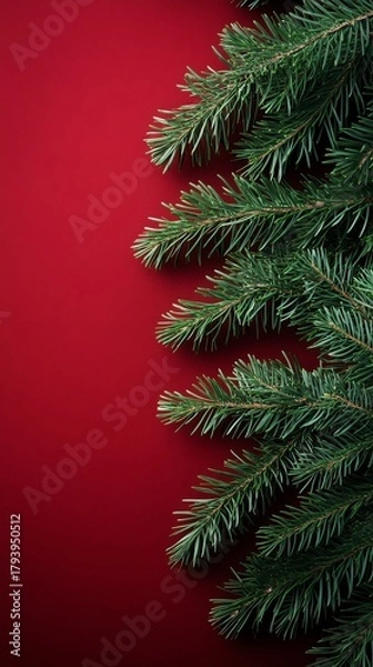 Fototapeta Fresh green pine branches decorate a rich red background, creating a vibrant holiday atmosphere for winter celebrations and festive events