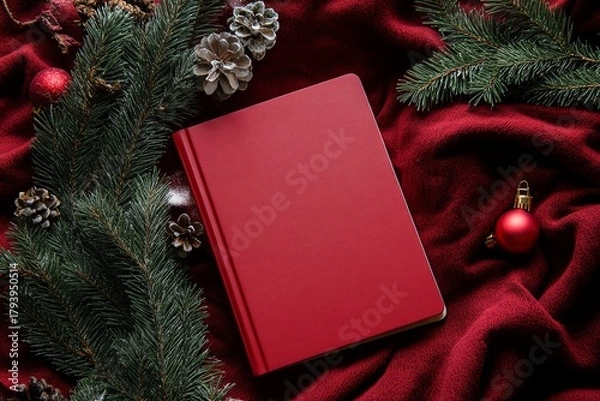 Fototapeta Festive red notebook surrounded by pine branches and holiday decor on a rich red fabric surface during winter season