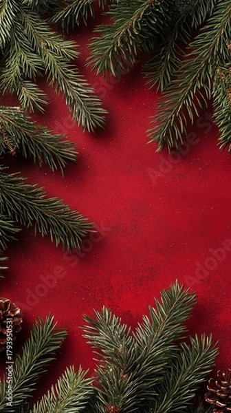 Fototapeta Fresh green pine branches decorate a rich red background, creating a vibrant holiday atmosphere for winter celebrations and festive events