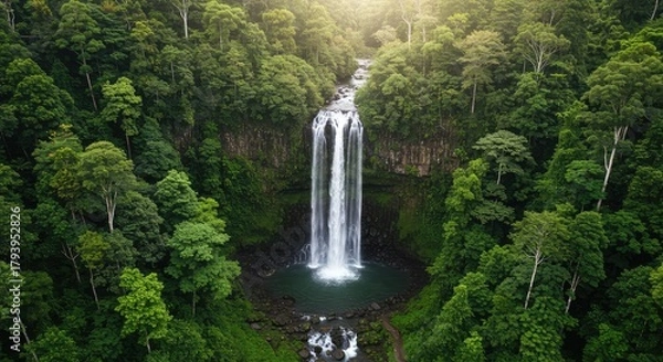 Fototapeta Stunning aerial view of a majestic waterfall cascading into a tranquil pool amidst a lush, vibrant rainforest, bathed in soft, golden sunlight.