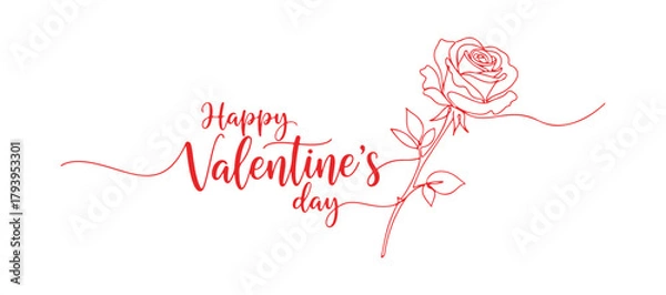 Fototapeta Happy Valentine's Day written by hand, postcard adorned with a rose flower. continuous single line art sketch, logo