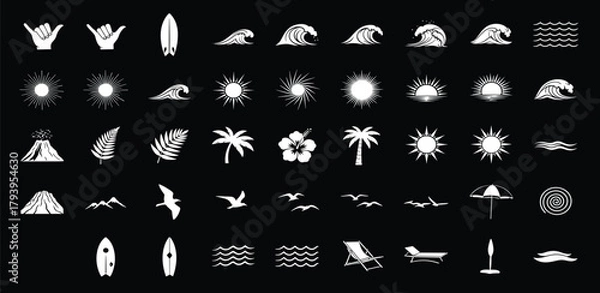 Fototapeta Black and white summer icons representing beach, surfing, sun, waves, and tropical elements in a set