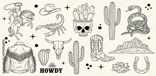 Fototapeta Line Art Collection Cowboy-Themed Illustrations Featuring Western Elements, Including Cactus, Snake, and More
