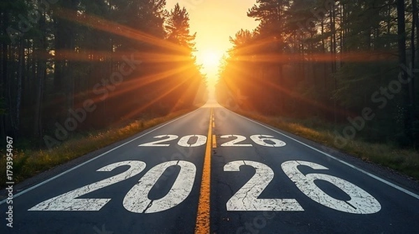 Fototapeta A long road stretching through a forest with bright golden sunlight glowing at the horizon. Marking the years 2026. are printed on the asphalt, symbolizing the journey into the future.